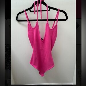 Pink knit body suit with sexy tie straps #bodysuit